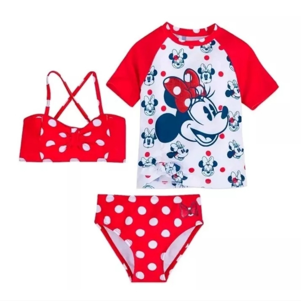 Disney Minnie Mouse Red Polka Dot Deluxe Swimsuit Girls 5/6 3pc Set Nwt